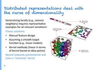 Distributed representations deal with
the curse of dimensionality
Generalizing	
  locally	
  (e.g.,	
  nearest	
  
neighbors)	
  requires	
  representaGve	
  
examples	
  for	
  all	
  relevant	
  variaGons!	
  
Classic	
  soluGons:	
  
•  Manual	
  feature	
  design	
  
•  Assuming	
  a	
  smooth	
  target	
  
funcGon	
  (e.g.,	
  linear	
  models)	
  
•  Kernel	
  methods	
  (linear	
  in	
  terms	
  
of	
  kernel	
  based	
  on	
  data	
  points)	
  
Neural	
  networks	
  parameterize	
  and	
  
learn	
  a	
  “similarity”	
  kernel	
  
	
  
	
  9	
  
 