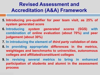 07:47 PM
Revised Assessment and
Accreditation (A&A) Framework
5. Introducing pre-qualifier for peer team visit, as 25% of
system generated score
6. Introducing system generated scores (SGS) with
combination of online evaluation (about 70%) and peer
judgement (about 30%)
7. In introducing the element of third party validation of data
8. In providing appropriate differences in the metrics,
weightages and benchmarks to universities, autonomous
colleges and affiliated/constituent colleges
9. In revising several metrics to bring in enhanced
participation of students and alumni in the assessment
process
 