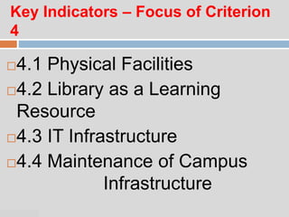 07:47 PM
Key Indicators – Focus of Criterion
4
4.1 Physical Facilities
4.2 Library as a Learning
Resource
4.3 IT Infrastructure
4.4 Maintenance of Campus
Infrastructure
 