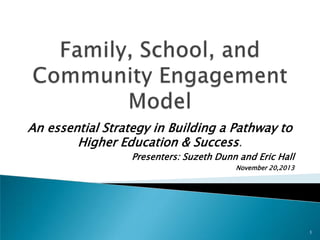 An essential Strategy in Building a Pathway to
Higher Education & Success.
Presenters: Suzeth Dunn and Eric Hall
November 20,2013

1

 