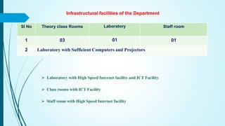 Infrastructural facilities of the Department
Sl No Theory class Rooms Laboratory Staff room
1 03 01 01
2 Laboratory with Sufficient Computers and Projectors
 Laboratory with High Speed Internet facility and ICT Facility
 Class rooms with ICT Facility
 Staff room with High Speed Internet facility
 