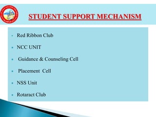 Red Ribbon Club
 NCC UNIT
 Guidance & Counseling Cell
 Placement Cell
 NSS Unit
 Rotaract Club
STUDENT SUPPORT MECHANISM
 