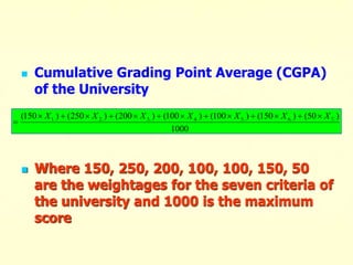  Cumulative Grading Point Average (CGPA)
of the University
 Where 150, 250, 200, 100, 100, 150, 50
are the weightages for the seven criteria of
the university and 1000 is the maximum
score
1000
)
50
(
)
150
(
)
100
(
)
100
(
)
200
(
)
250
(
)
150
( .
7
.
6
.
5
.
4
.
3
.
2
1 X
X
X
X
X
X
X . 













 
