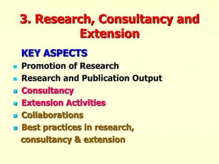 3. Research, Consultancy and
Extension
KEY ASPECTS
 Promotion of Research
 Research and Publication Output
 Consultancy
 Extension Activities
 Collaborations
 Best practices in research,
consultancy & extension
 