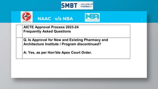 NAAC v/s NBA 1
AICTE Approval Process 2023-24
Frequently Asked Questions
Q. Is Approval for New and Existing Pharmacy and
Architecture Institute / Program discontinued?
A: Yes, as per Hon’ble Apex Court Order.
 