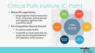 Critical Path Institute (C-Path)
• Nonprofit organization
• brings together biopharmaceutical
firms, universities, patient groups,
and regulatory agencies from
around the world
• Pre-Competitive Neutral Ground
• to improve public health.
• to identify or create tools that can
accelerate the drug development
and regulatory review process.
 