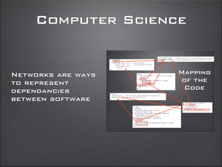 Computer Science
Mapping
of the
Code
Networks are ways
to represent
dependancies
between software
 
