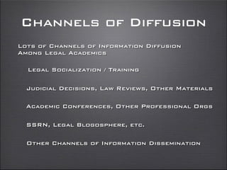 Lots of Channels of Information Diffusion
Among Legal Academics
Judicial Decisions, Law Reviews, Other Materials
Academic Conferences, Other Professional Orgs
SSRN, Legal Blogosphere, etc.
Channels of Diffusion
Other Channels of Information Dissemination
Legal Socialization / Training
 