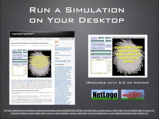 Run a Simulation
on Your Desktop
http://computationallegalstudies.com/2009/04/22/the-revolution-will-not-be-televised-but-will-it-
come-from-harvard-or-yale-a-network-analysis-of-the-american-law-professoriate-part-iii/
(Requires Java 5.0 or Higher)
 