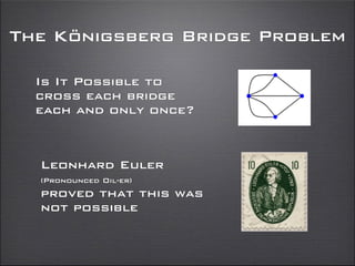 The Königsberg Bridge Problem
Leonhard Euler
(Pronounced Oil-er)
proved that this was
not possible
Is It Possible to
cross each bridge
each and only once?
 