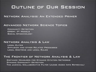 Outline of Our Session
Network Analysis: An Extended Primer
Network Analysis & Law
The Frontier of Network Analysis & Law
Legal Elites
Diffusion and other Related Processes
Legal Doctrine and Legal Rules
Advanced Network Science Topics
Community Detection
ERGM / P* Models
Social Epidemiology
Distance Measures for Dynamic Citation Networks
Dynamic Community Detection
The Judicial Collaborative Filter (Judge Aided Info Retrevial)
 