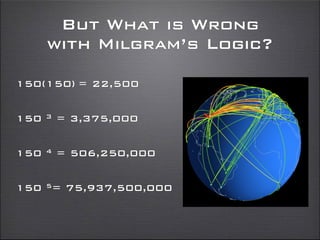 But What is Wrong
with Milgram’s Logic?
150(150) = 22,500
150 3 = 3,375,000
150 4 = 506,250,000
150 5= 75,937,500,000
 