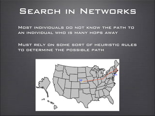 Search in Networks
Most individuals do not know the path to
an individual who is many hops away
Must rely on some sort of heuristic rules
to determine the possible path
 