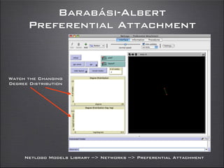 Barabási-Albert
Preferential Attachment
Netlogo Models Library --> Networks --> Preferential Attachment
Watch the Changing
Degree Distribution
 