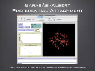 Barabási-Albert
Preferential Attachment
Netlogo Models Library --> Networks --> Preferential Attachment
 