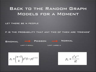 Back to the Random Graph
Models for a Moment
let there be n people
p is the probability that any two of them are ‘friends’
Binomial Poisson Normal
limit p small Limit large n
 