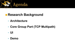 ◼Research Background
▪ Architecture
▪ Core Group Part (TCP Multipath)
▪ UI
▪ Demo
 