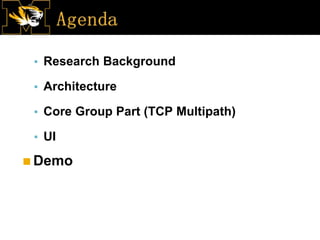 ▪ Research Background
▪ Architecture
▪ Core Group Part (TCP Multipath)
▪ UI
◼Demo
 