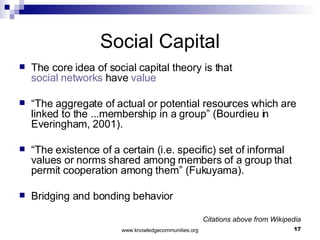 Social Capital The core idea of social capital theory is that  social networks  have  value   “ The aggregate of actual or potential resources which are linked to the ...membership in a group” (Bourdieu in Everingham, 2001).  “ The existence of a certain (i.e. specific) set of informal values or norms shared among members of a group that permit cooperation among them” (Fukuyama).  Bridging and bonding behavior Citations above from Wikipedia 