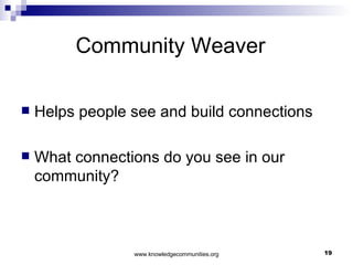 Community Weaver  Helps people see and build connections What connections do you see in our community? 