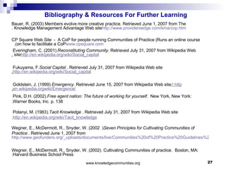 Bibliography & Resources For Further Learning Bauer, R. (2003) Members evolve more creative practice. Retrieved June 1, 2007 from The Knowledge Management Advantage Web site  http://www.providersedge.com/kma/cop.htm . CP Square Web Site  -  A CoP for people running Communities of Practice (Runs an online course on how to facilitate a CoP).  www.cpsquare.com Everingham, C. (2001).  Reconstituting Community . Retrieved July 31, 2007 from Wikipedia Web site  http://en.wikipedia.org/wiki/Social_capital . Fukuyama, F.  Social Capital . Retrieved July 31, 2007 from Wikipedia Web site  http://en.wikipedia.org/wiki/Social_capital . Goldstein, J. (1999)  Emergency.  Retrieved June 15, 2007 from Wikipedia Web site  http:// en.wikipedia.org /wiki/Emergence . Pink, D.H. (2002).  Free agent nation: The future of working for yourself .  New York, New York: Warner Books, Inc. p. 138. Polanyi, M. (1983).  Tacit Knowledge . Retrieved July 31, 2007 from Wikipedia Web site  http://en.wikipedia.org/wiki/Tacit_knowledge . Wegner, E., McDermott, R., Snyder, W. (2002  )  Seven Principles for Cultivating Communities of Practice . Retrieved June 1, 2007 from  http://www.geofunders.org/_uploads/documents/live/Communities%20of%20Practice%20Guidelines%20(GEO).doc Wegner, E., McDermott, R., Snyder, W. (2002). Cultivating Communities of practice.  Boston, MA: Harvard Business School Press. 
