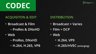 CODEC
ACQUISITON & EDIT
• Broadcast & Film
– ProRes & DNxHD
• Web
– ProRes, DNxHD
– H.264, H.265, VP8
DISTRIBUTION
• Broad...