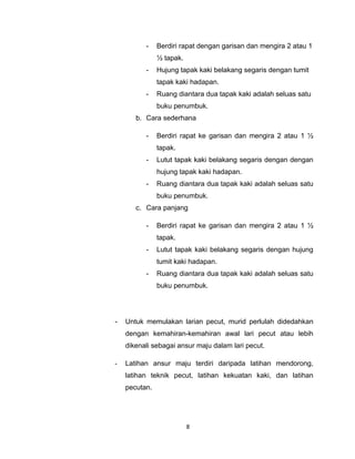 -    Berdiri rapat dengan garisan dan mengira 2 atau 1
               ½ tapak.
          -    Hujung tapak kaki belakang segaris dengan tumit
               tapak kaki hadapan.
          -    Ruang diantara dua tapak kaki adalah seluas satu
               buku penumbuk.
       b. Cara sederhana

          -    Berdiri rapat ke garisan dan mengira 2 atau 1 ½
               tapak.
          -    Lutut tapak kaki belakang segaris dengan dengan
               hujung tapak kaki hadapan.
          -    Ruang diantara dua tapak kaki adalah seluas satu
               buku penumbuk.
       c. Cara panjang

          -    Berdiri rapat ke garisan dan mengira 2 atau 1 ½
               tapak.
          -    Lutut tapak kaki belakang segaris dengan hujung
               tumit kaki hadapan.
          -    Ruang diantara dua tapak kaki adalah seluas satu
               buku penumbuk.




-   Untuk memulakan larian pecut, murid perlulah didedahkan
    dengan kemahiran-kemahiran awal lari pecut atau lebih
    dikenali sebagai ansur maju dalam lari pecut.

-   Latihan ansur maju terdiri daripada latihan mendorong,
    latihan teknik pecut, latihan kekuatan kaki, dan latihan
    pecutan.




                          8
 