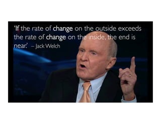 'If the rate of change on the outside exceeds
the rate of change on the inside, the end is
near.’ – Jack Welch
 