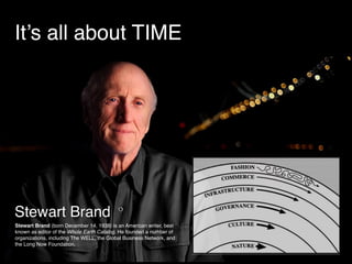 It’s all about TIME
Stewart Brand
Stewart Brand (born December 14, 1938) is an American writer, best
known as editor of the Whole Earth Catalog. He founded a number of
organizations, including The WELL, the Global Business Network, and
the Long Now Foundation.
 