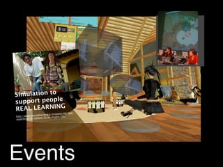 Simulation to
support people
REAL LEARNING
http://www.secondlearning.it/progetto-itbridge-
esperienze-di-italiano-l2-in-second-life/
Events
 