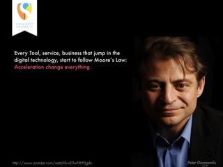 Every Tool, service, business that jump in the
digital technology, start to follow Moore’s Law:
Acceleration change everything.
http://www.youtube.com/watch?v=E9wFXHYJgdo Peter Diamandis
 