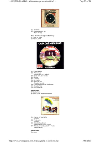 ::: JOVEM GUARDA - Muito mais que um site oficial! :::            Page 23 of 31




                         01 - ????????
                         02 - Quando Vejo O Sol
                             (Nenê-Ravel)

                         Casa das Máquinas (com Netinho)
                         LP CASA DE ROCK
                         Som Livre, 1976




                         01 - Casa de Rock
                         02 - Prá Cabeça
                             (Jogue Tudo Prá Cabeça)
                         03 - Certo Sim, Seu Errado
                         04 - Stress
                         05 - Londres
                         06 - Dr. Medo
                         07 - Mania de Ser
                             (Pecados Banais)
                         08 - Lei do Sonho de Um Vagabundo
                         09 - Essa é a Vida
                         10 - Eu Queria Ser

                         Os Incríveis
                         EP Os Incríveis
                         RCA 102.0159, Novembro de 1976




                         01 - Marcas do Que Se Foi
                             (Zurana)
                         02 - Pindorama
                             (Zurana)
                         03 - Este é o Meu Brasil
                             (Heitor Carillo-Ernani Turini)
                         04 - Este é um País Que Vai Pra Frente
                             (Heitor Carillo)

                         Os Incríveis
                         Compacto




http://www.jovemguarda.com.br/discografia-os-incriveis.php           30/8/2010
 