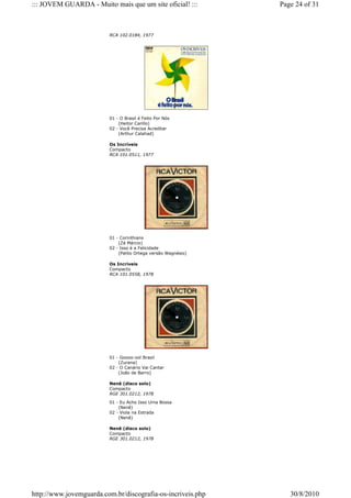 ::: JOVEM GUARDA - Muito mais que um site oficial! :::         Page 24 of 31



                         RCA 102.0184, 1977




                         01 - O Brasil é Feito Por Nós
                             (Heitor Carillo)
                         02 - Você Precisa Acreditar
                             (Arthur Calahad)

                         Os Incríveis
                         Compacto
                         RCA 101.0511, 1977




                         01 - Corinthians
                             (Zé Márcio)
                         02 - Isso é a Felicidade
                             (Palito Ortega versão Wagnésio)

                         Os Incríveis
                         Compacto
                         RCA 101.0558, 1978




                         01 - Goooo-ool Brasil
                             (Zurana)
                         02 - O Canário Vai Cantar
                             (João de Barro)

                         Nenê (disco solo)
                         Compacto
                         RGE 301.0212, 1978

                         01 - Eu Acho Isso Uma Bossa
                             (Nenê)
                         02 - Viola na Estrada
                             (Nenê)

                         Nenê (disco solo)
                         Compacto
                         RGE 301.0212, 1978




http://www.jovemguarda.com.br/discografia-os-incriveis.php        30/8/2010
 