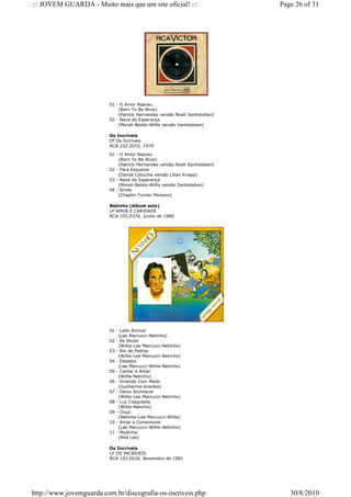 ::: JOVEM GUARDA - Muito mais que um site oficial! :::                      Page 26 of 31




                         01 - O Amor Nasceu
                             (Born To Be Alive)
                             (Patrick Hernandez versão Noeli Santisteban)
                         02 - Nave da Esperança
                             (Morali-Belolo-Willis versão Santisteban)

                         Os Incríveis
                         EP Os Incríveis
                         RCA 102.0255, 1979

                         01 - O Amor Nasceu
                             (Born To Be Alive)
                             (Patrick Hernandez versão Noeli Santisteban)
                         02 - Para Esquecer
                             (Daniel Cabuche versão Lilian Knapp)
                         03 - Nave da Esperança
                             (Morali-Belolo-Willis versão Santisteban)
                         04 - Smile
                             (Chaplin-Turner-Parsons)

                         Netinho (álbum solo)
                         LP AMOR E CARIDADE
                         RCA 103.0374, Junho de 1980




                         01 - Lado Animal
                             (Lee Marcucci-Netinho)
                         02 - Às Vezes
                             (Willie-Lee Marcucci-Netinho)
                         03 - Rio de Pedras
                             (Willie-Lee Marcucci-Netinho)
                         04 - Desejos
                             (Lee Marcucci-Willie-Netinho)
                         05 - Cantar e Amar
                             (Willie-Netinho)
                         06 - Vivendo Com Medo
                             (Guilherme Arantes)
                         07 - Deixo Acontecer
                             (Willie-Lee Marcucci-Netinho)
                         08 - Luz Coagulada
                             (Willie-Netinho)
                         09 - Ouça
                             (Netinho-Lee Marcucci-Willie)
                         10 - Amar e Comemorar
                             (Lee Marcucci-Willie-Netinho)
                         11 - Modinha
                             (Rita Lee)

                         Os Incríveis
                         LP OS INCRÍVEIS
                         RCA 103.0516, Novembro de 1981




http://www.jovemguarda.com.br/discografia-os-incriveis.php                     30/8/2010
 