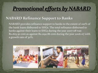 NABARD Refinance Support to Banks
 NABARD provides refinance support to banks to the extent of 100% of
 the bank loans disbursed to SHGs. The total refinance disbursed to
 banks against their loans to SHGs during the year 2007-08 was
 Rs.1615.50 core as against Rs.1292.86 core during the year 2006-07 with
 a growth rate of 30%.
 