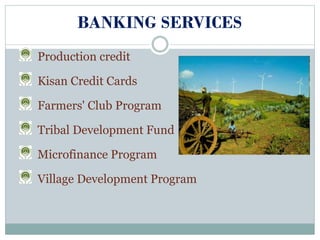 BANKING SERVICES
Production credit
Kisan Credit Cards
Farmers' Club Program
Tribal Development Fund
Microfinance Program
Village Development Program
 