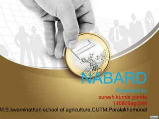 NABARD
Presented by
suresh kumar panda
140806agr249
M.S.swaminathan school of agriculture,CUTM,Paralakhemundi
 