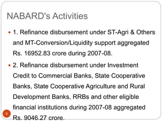 NABARD's Activities
 1. Refinance disbursement under ST-Agri & Others
and MT-Conversion/Liquidity support aggregated
Rs. 16952.83 crore during 2007-08.
 2. Refinance disbursement under Investment
Credit to Commercial Banks, State Cooperative
Banks, State Cooperative Agriculture and Rural
Development Banks, RRBs and other eligible
financial institutions during 2007-08 aggregated
Rs. 9046.27 crore.
9
 