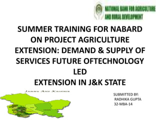 SUMMER TRAINING FOR NABARD
ON PROJECT AGRICULTURE
EXTENSION: DEMAND & SUPPLY OF
SERVICES FUTURE OFTECHNOLOGY
LED
EXTENSION IN J&K STATE
SUBMITTED BY:
RADHIKA GUPTA
32-MBA-14
 