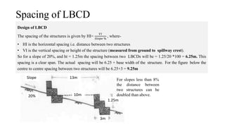 Spacing of LBCD
Design of LBCD
The spacing of the structures is given by HI=
𝑉𝐼
𝑆𝑙𝑜𝑝𝑒 %
, where-
• HI is the horizontal spacing i.e. distance between two structures
• VI is the vertical spacing or height of the structure (measured from ground to spillway crest).
So for a slope of 20%, and ht = 1.25m the spacing between two LBCDs will be = 1.25/20 *100 = 6.25m. This
spacing is a clear span. The actual spacing will be 6.25 + base width of the structure. For the figure below the
centre to centre spacing between two structures will be 6.25+3 = 9.25m
10m
1.25m
20%
3m
Slope 13m For slopes less than 8%
the distance between
two structures can be
doubled than above.
 