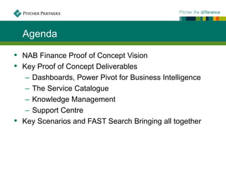 Agenda

 NAB Finance Proof of Concept Vision
 Key Proof of Concept Deliverables
   ‒ Dashboards, Power Pivot for Business Intelligence
   ‒ The Service Catalogue
   ‒ Knowledge Management
   ‒ Support Centre
 Key Scenarios and FAST Search Bringing all together
 