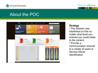 About the POC

                Strategy
                • The Solution was
                interlinked so that no
                matter what level you
                entered you could relate
                to the content
                • Provide a
                communication channel
                to a variety of users ie
                Service Owner
                Identification
 