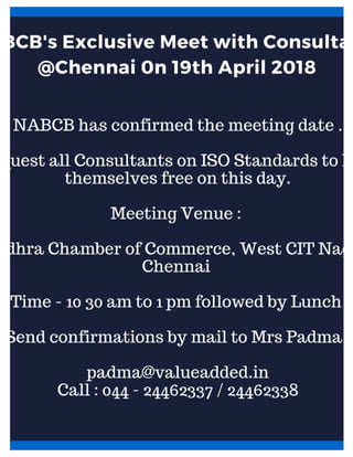NABCB Consultants Meet @Chennai on April 19th 2018