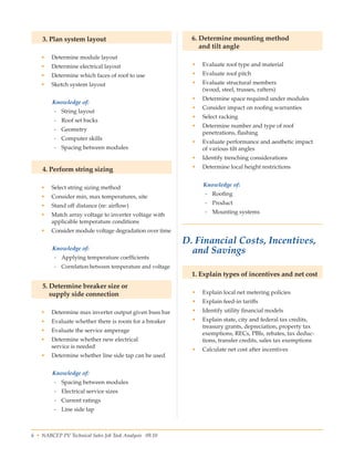 6 • NABCEP PV Technical Sales Job Task Analysis 09.10 Small Wind Resource Guide Rev 1.0 06/07/2010 © NABCEP 2010
3. Plan system layout
•	 Determine module layout
•	 Determine electrical layout
•	 Determine which faces of roof to use
•	 Sketch system layout
Knowledge of:
-- String layout
-- Roof set backs
-- Geometry
-- Computer skills
-- Spacing between modules
4. Perform string sizing
•	 Select string sizing method
•	 Consider min, max temperatures, site
•	 Stand off distance (re: airflow)
•	 Match array voltage to inverter voltage with
applicable temperature conditions
•	 Consider module voltage degradation over time
Knowledge of:
-- Applying temperature coefficients
-- Correlation between temperature and voltage
5. Determine breaker size or
supply side connection
•	 Determine max inverter output given buss bar
•	 Evaluate whether there is room for a breaker
•	 Evaluate the service amperage
•	 Determine whether new electrical 	
service is needed
•	 Determine whether line side tap can be used
Knowledge of:
-- Spacing between modules
-- Electrical service sizes
-- Current ratings
-- Line side tap
6. Determine mounting method
and tilt angle
•	 Evaluate roof type and material
•	 Evaluate roof pitch
•	 Evaluate structural members 	
(wood, steel, trusses, rafters)
•	 Determine space required under modules
•	 Consider impact on roofing warranties
•	 Select racking
•	 Determine number and type of roof 	
penetrations, flashing
•	 Evaluate performance and aesthetic impact 	
of various tilt angles
•	 Identify trenching considerations
•	 Determine local height restrictions
Knowledge of:
-- Roofing
-- Product
-- Mounting systems
 
D. Financial Costs, Incentives,
and Savings
1. Explain types of incentives and net cost
•	 Explain local net metering policies
•	 Explain feed-in tariffs
•	 Identify utility financial models
•	 Explain state, city and federal tax credits, 	
treasury grants, depreciation, property tax 	
exemptions, RECs, PBIs, rebates, tax deduc-
tions, transfer credits, sales tax exemptions
•	 Calculate net cost after incentives
 