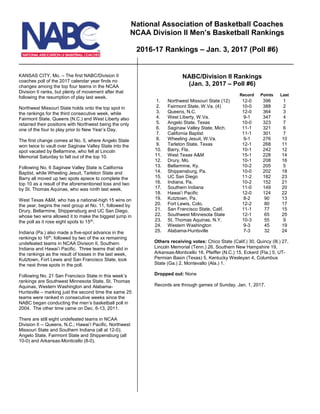 KANSAS CITY, Mo. – The first NABC/Division II
coaches poll of the 2017 calendar year finds no
changes among the top four teams in the NCAA
Division II ranks, but plenty of movement after that
following the resumption of play last week.
Northwest Missouri State holds onto the top spot in
the rankings for the third consecutive week, while
Fairmont State, Queens (N.C.) and West Liberty also
retained their positions with Northwest being the only
one of the four to play prior to New Year’s Day.
The first change comes at No. 5, where Angelo State
won twice to vault over Saginaw Valley State into the
spot vacated by Bellarmine, who fell at Lincoln
Memorial Saturday to fall out of the top 10.
Following No. 6 Saginaw Valley State is California
Baptist, while Wheeling Jesuit, Tarleton State and
Barry all moved up two spots apiece to complete the
top 10 as a result of the aforementioned loss and two
by St. Thomas Aquinas, who was ninth last week.
West Texas A&M, who has a national-high 15 wins on
the year, begins the next group at No. 11, followed by
Drury, Bellarmine, Shippensburg and UC San Diego,
whose two wins allowed it to make the biggest jump in
the poll as it rose eight spots to 15th
.
Indiana (Pa.) also made a five-spot advance in the
rankings to 16th
, followed by two of the xx remaining
undefeated teams in NCAA Division II, Southern
Indiana and Hawai’i Pacific. Three teams that slid in
the rankings as the result of losses in the last week,
Kutztown, Fort Lewis and San Francisco State, took
the next three spots in the poll.
Following No. 21 San Francisco State in this week’s
rankings are Southwest Minnesota State, St. Thomas
Aquinas, Western Washington and Alabama-
Huntsville – marking just the second time the same 25
teams were ranked in consecutive weeks since the
NABC began conducting the men’s basketball poll in
2004. The other time came on Dec. 6-13, 2011.
There are still eight undefeated teams in NCAA
Division II -- Queens, N.C.; Hawai’i Pacific, Northwest
Missouri State and Southern Indiana (all at 12-0);
Angelo State, Fairmont State and Shippensburg (all
10-0) and Arkansas-Monticello (8-0).
NABC/Division II Rankings
(Jan. 3, 2017 – Poll #6)
Record Points Last
1. Northwest Missouri State (12) 12-0 396 1
2. Fairmont State, W.Va. (4) 10-0 388 2
3. Queens, N.C. 12-0 364 3
4. West Liberty, W.Va. 9-1 347 4
5. Angelo State, Texas 10-0 323 7
6. Saginaw Valley State, Mich. 11-1 321 6
7. California Baptist 11-1 301 7
8. Wheeling Jesuit, W.Va. 9-1 276 10
9. Tarleton State, Texas 12-1 268 11
10. Barry, Fla. 10-1 242 12
11. West Texas A&M 15-1 228 14
12. Drury, Mo. 10-1 208 16
13. Bellarmine, Ky. 10-2 205 5
14. Shippensburg, Pa. 10-0 202 18
15. UC San Diego 11-2 182 23
16. Indiana, Pa. 10-2 152 21
17. Southern Indiana 11-0 149 20
18. Hawai’i Pacific 12-0 124 22
19. Kutztown, Pa. 8-2 90 13
20. Fort Lewis, Colo. 12-2 80 17
21. San Francisco State, Calif. 11-1 77 15
22. Southwest Minnesota State 12-1 65 25
23. St. Thomas Aquinas, N.Y. 10-3 55 9
24. Western Washington 9-3 45 19
25. Alabama-Huntsville 7-3 32 24
Others receiving votes: Chico State (Calif.) 30, Quincy (Ill.) 27,
Lincoln Memorial (Tenn.) 26, Southern New Hampshire 19,
Arkansas-Monticello 16, Pfeiffer (N.C.) 15, Eckerd (Fla.) 5, UT-
Permian Basin (Texas) 5, Kentucky Wesleyan 4, Columbus
State (Ga.) 2, Montevallo (Ala.) 1.
Dropped out: None
Records are through games of Sunday, Jan. 1, 2017.
National Association of Basketball Coaches
NCAA Division II Men’s Basketball Rankings
2016-17 Rankings – Jan. 3, 2017 (Poll #6)
 