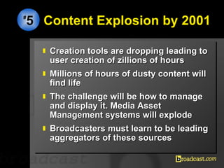 Content Explosion by 2001 <ul><li>Creation tools are dropping leading to user creation of zillions of hours </li></ul><ul>...