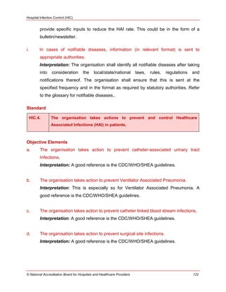 Hospital Infection Control (HIC)
© National Accreditation Board for Hospitals and Healthcare Providers 122
provide specific inputs to reduce the HAI rate. This could be in the form of a
bulletin/newsletter.
i. In cases of notifiable diseases, information (in relevant format) is sent to
appropriate authorities.
Interpretation: The organisation shall identify all notifiable diseases after taking
into consideration the local/state/national laws, rules, regulations and
notifications thereof. The organisation shall ensure that this is sent at the
specified frequency and in the format as required by statutory authorities. Refer
to the glossary for notifiable diseases..
Standard
HIC.4. The organisation takes actions to prevent and control Healthcare
Associated Infections (HAI) in patients.
Objective Elements
a. The organisation takes action to prevent catheter-associated urinary tract
Infections.
Interpretation: A good reference is the CDC/WHO/SHEA guidelines.
b. The organisation takes action to prevent Ventilator Associated Pneumonia.
Interpretation: This is especially so for Ventilator Associated Pneumonia. A
good reference is the CDC/WHO/SHEA guidelines.
c. The organisation takes action to prevent catheter linked blood stream infections.
Interpretation: A good reference is the CDC/WHO/SHEA guidelines.
d. The organisation takes action to prevent surgical site infections.
Interpretation: A good reference is the CDC/WHO/SHEA guidelines.
 