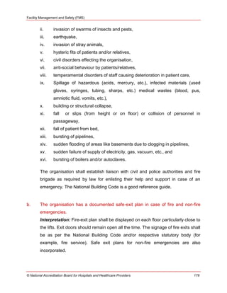 Facility Management and Safety (FMS)
© National Accreditation Board for Hospitals and Healthcare Providers 178
ii. invasion of swarms of insects and pests,
iii. earthquake,
iv. invasion of stray animals,
v. hysteric fits of patients and/or relatives,
vi. civil disorders effecting the organisation,
vii. anti-social behaviour by patients/relatives,
viii. temperamental disorders of staff causing deterioration in patient care,
ix. Spillage of hazardous (acids, mercury, etc.), infected materials (used
gloves, syringes, tubing, sharps, etc.) medical wastes (blood, pus,
amniotic fluid, vomits, etc.),
x. building or structural collapse,
xi. fall or slips (from height or on floor) or collision of personnel in
passageway,
xii. fall of patient from bed,
xiii. bursting of pipelines,
xiv. sudden flooding of areas like basements due to clogging in pipelines,
xv. sudden failure of supply of electricity, gas, vacuum, etc., and
xvi. bursting of boilers and/or autoclaves.
The organisation shall establish liaison with civil and police authorities and fire
brigade as required by law for enlisting their help and support in case of an
emergency. The National Building Code is a good reference guide.
b. The organisation has a documented safe-exit plan in case of fire and non-fire
emergencies.
Interpretation: Fire-exit plan shall be displayed on each floor particularly close to
the lifts. Exit doors should remain open all the time. The signage of fire exits shall
be as per the National Building Code and/or respective statutory body (for
example, fire service). Safe exit plans for non-fire emergencies are also
incorporated.
 