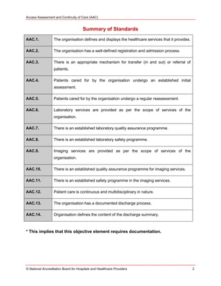 Access Assessment and Continuity of Care (AAC)
© National Accreditation Board for Hospitals and Healthcare Providers 2
Summary of Standards
AAC.1. The organisation defines and displays the healthcare services that it provides.
AAC.2. The organisation has a well-defined registration and admission process.
AAC.3. There is an appropriate mechanism for transfer (in and out) or referral of
patients.
AAC.4. Patients cared for by the organisation undergo an established initial
assessment.
AAC.5. Patients cared for by the organisation undergo a regular reassessment.
AAC.6. Laboratory services are provided as per the scope of services of the
organisation.
AAC.7. There is an established laboratory quality assurance programme.
AAC.8. There is an established laboratory safety programme.
AAC.9. Imaging services are provided as per the scope of services of the
organisation.
AAC.10. There is an established quality assurance programme for imaging services.
AAC.11. There is an established safety programme in the imaging services.
AAC.12. Patient care is continuous and multidisciplinary in nature.
AAC.13. The organisation has a documented discharge process.
AAC.14. Organisation defines the content of the discharge summary.
* This implies that this objective element requires documentation.
 