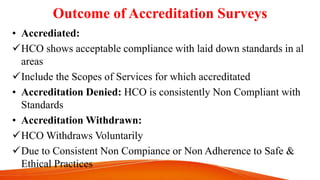 Outcome of Accreditation Surveys
• Accrediated:
HCO shows acceptable compliance with laid down standards in al
areas
Include the Scopes of Services for which accreditated
• Accreditation Denied: HCO is consistently Non Compliant with
Standards
• Accreditation Withdrawn:
HCO Withdraws Voluntarily
Due to Consistent Non Compiance or Non Adherence to Safe &
Ethical Practices
 